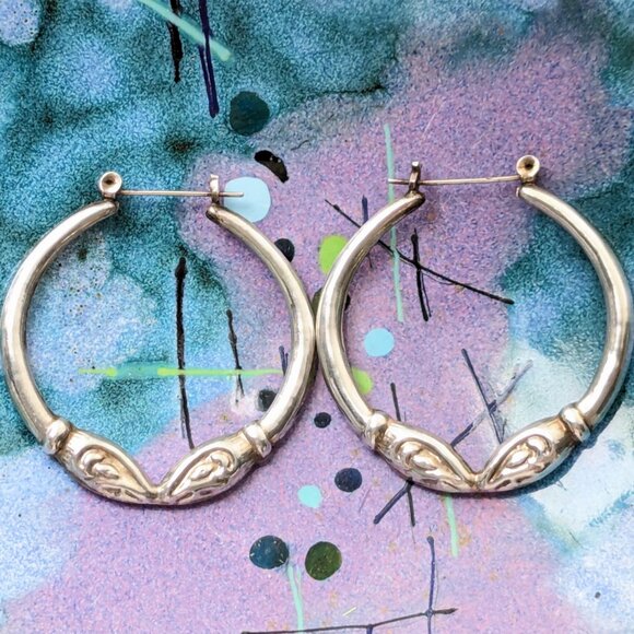 Vintage Double Ram Head Zodiac Sterling Silver Hoop Earrings 2” - Picture 2 of 5